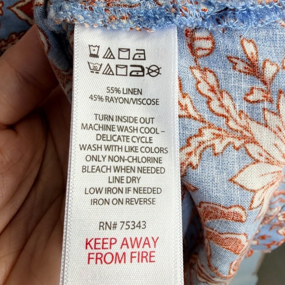 Rachel Zoe Womens Blue Orange Floral Linen Blend Short Sleeve Button Up Shirt M - Picture 7 of 7